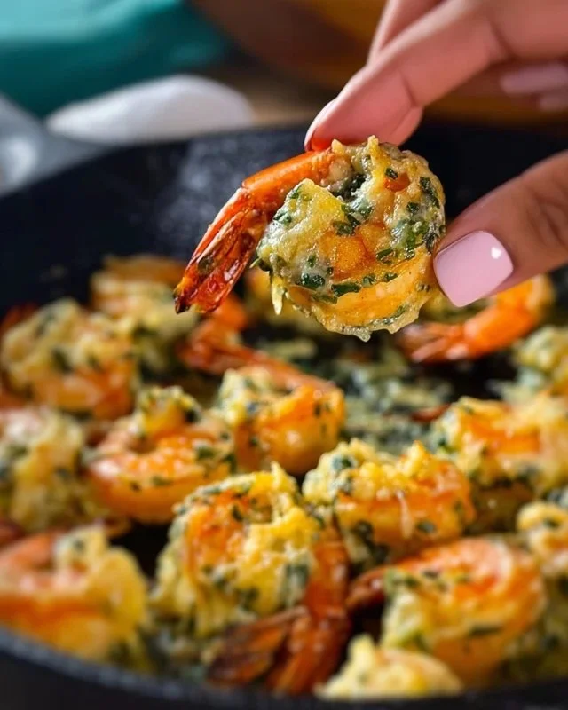 Plate of delicious stuffed shrimp with seasoning and garnishes.