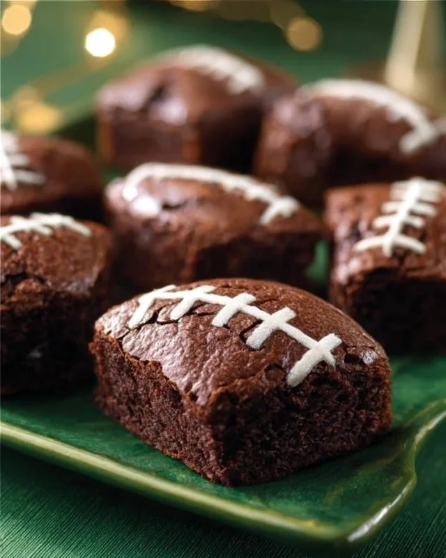 Delicious Super Bowl brownies topped with chocolate drizzle on a platter