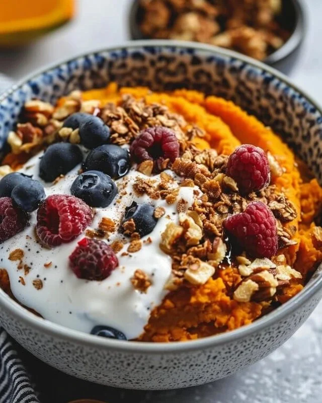 Healthy sweet potato breakfast bowls with toppings and fresh ingredients