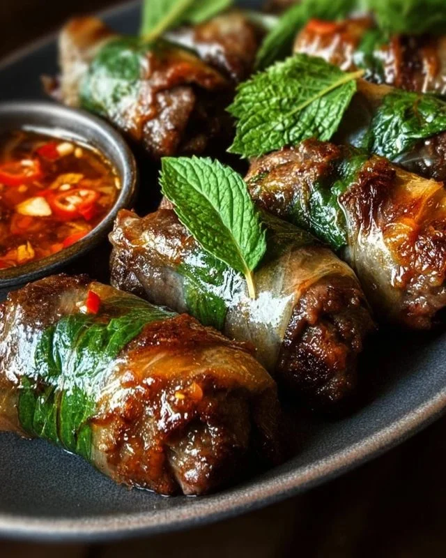 Delicious Thai Basil Beef Rolls, featuring fresh basil and tender beef.