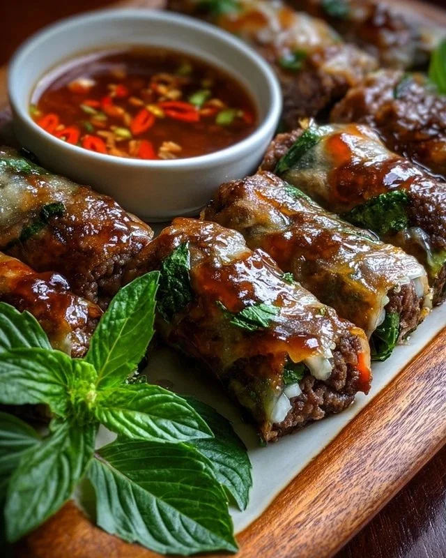 Delicious Thai Basil Beef Rolls garnished with fresh herbs