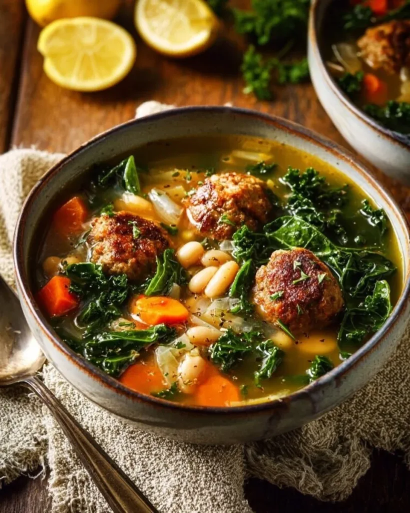 Delicious Tuscan White Bean Soup with Meatballs served in a bowl