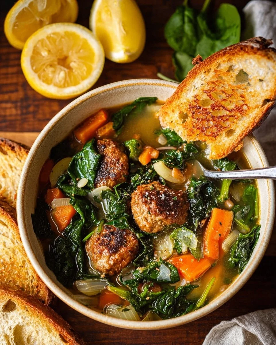 Bowl of Tuscan white bean soup with meatballs garnished with herbs