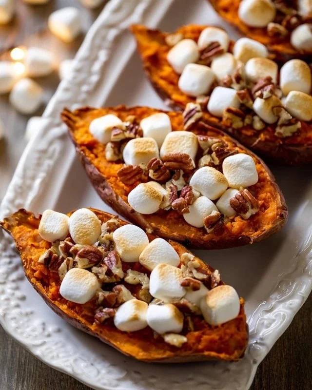 Twice baked sweet potatoes topped with marshmallows ready to serve.