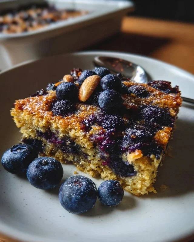Wholesome blueberry quinoa breakfast bake in a ceramic dish