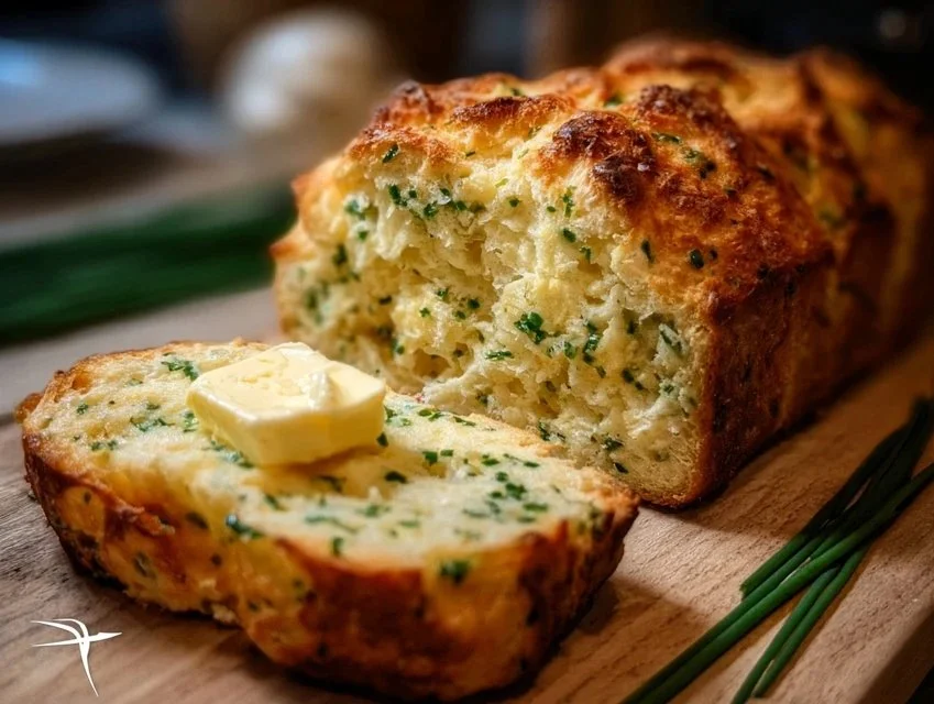 Delicious homemade 2-ingredient cottage cheese bread on a wooden cutting board.