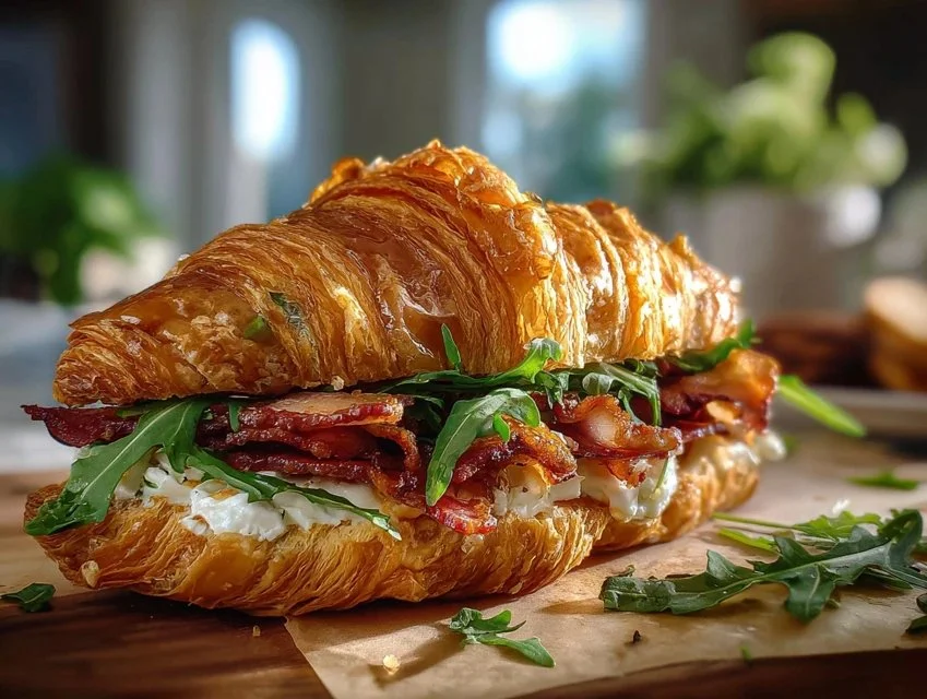 Apple and goat cheese croissant sandwich with fresh ingredients on a plate