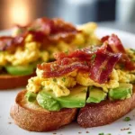 Close-up of Bacon Avocado Toast topped with crispy bacon and fresh avocado slices.