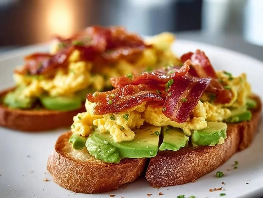 Close-up of Bacon Avocado Toast topped with crispy bacon and fresh avocado slices.