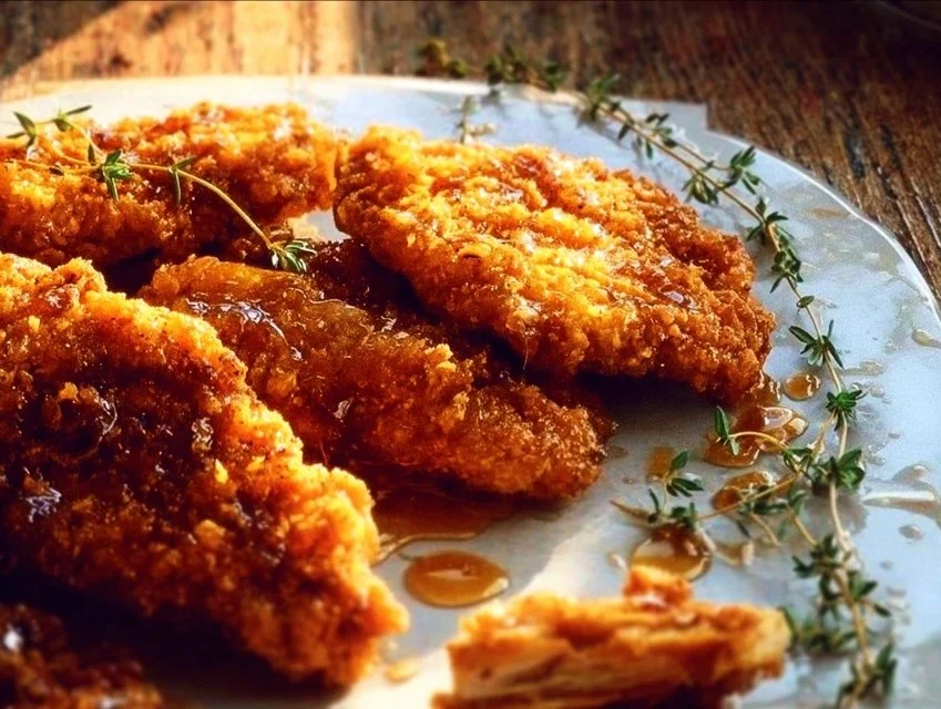 Baked crunchy hot honey chicken garnished and ready to serve.