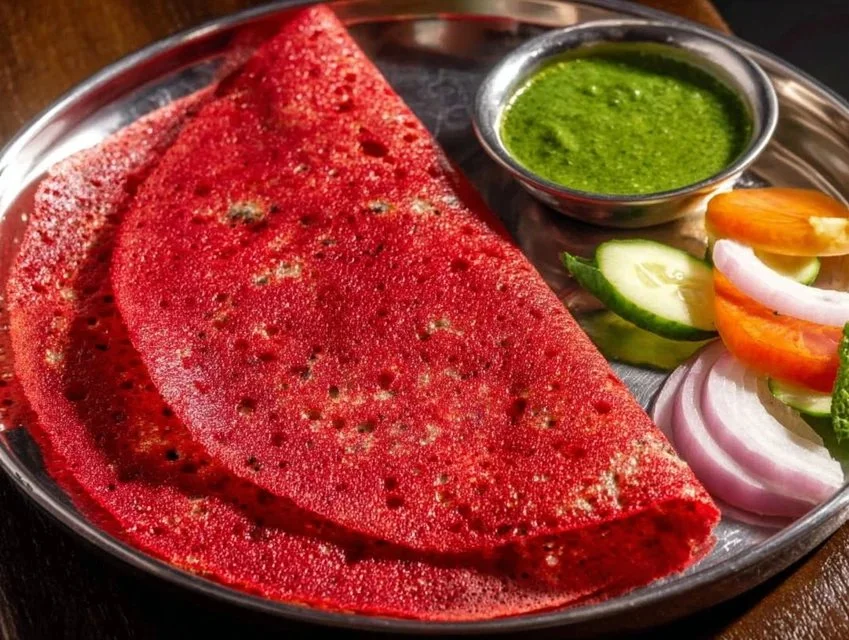Traditional beetroot dosa served with chutney and sambar
