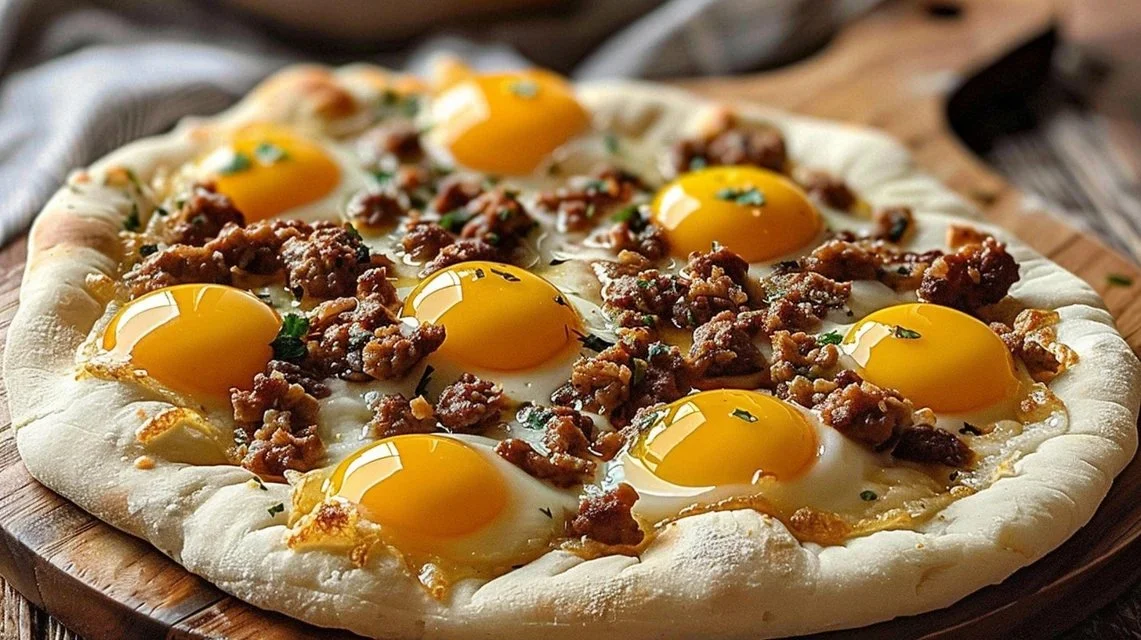 Sausage gravy pizza topped with biscuits and cheese, perfect for breakfast