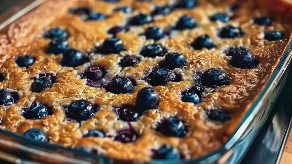 Blueberry cottage cheese breakfast bake topped with fresh blueberries