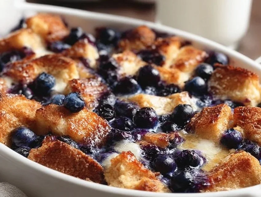 Delicious Blueberry French Toast Casserole topped with fresh blueberries