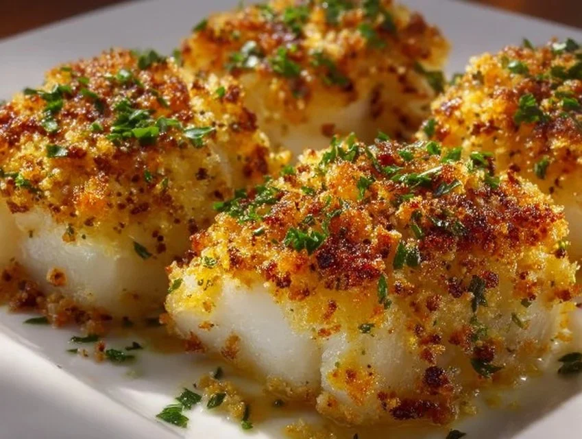 Plate of Boston Baked Cod garnished with herbs and lemon slices