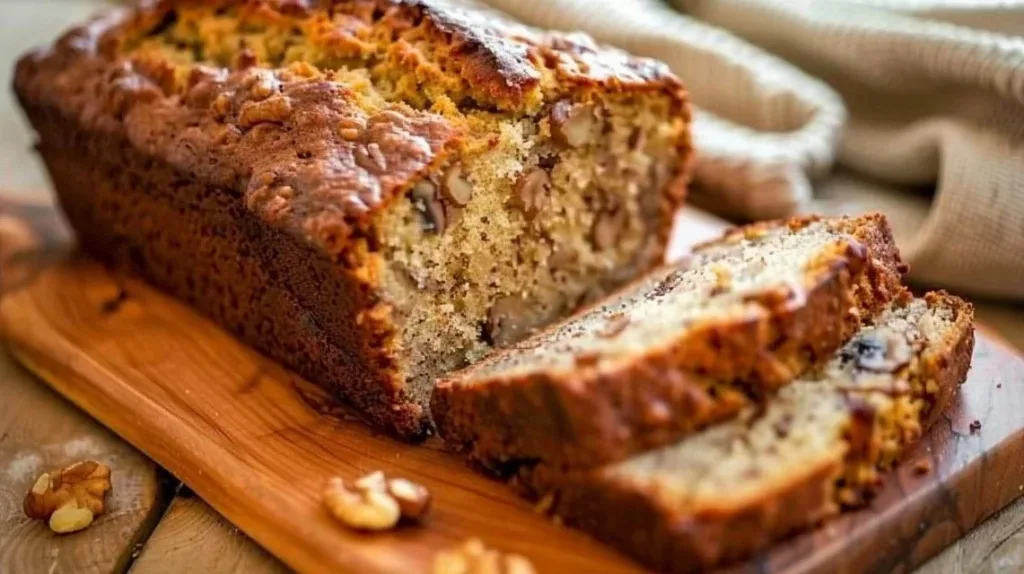 Moist and delicious Bourbon Banana Walnut Bread with a rich, flavorful glaze