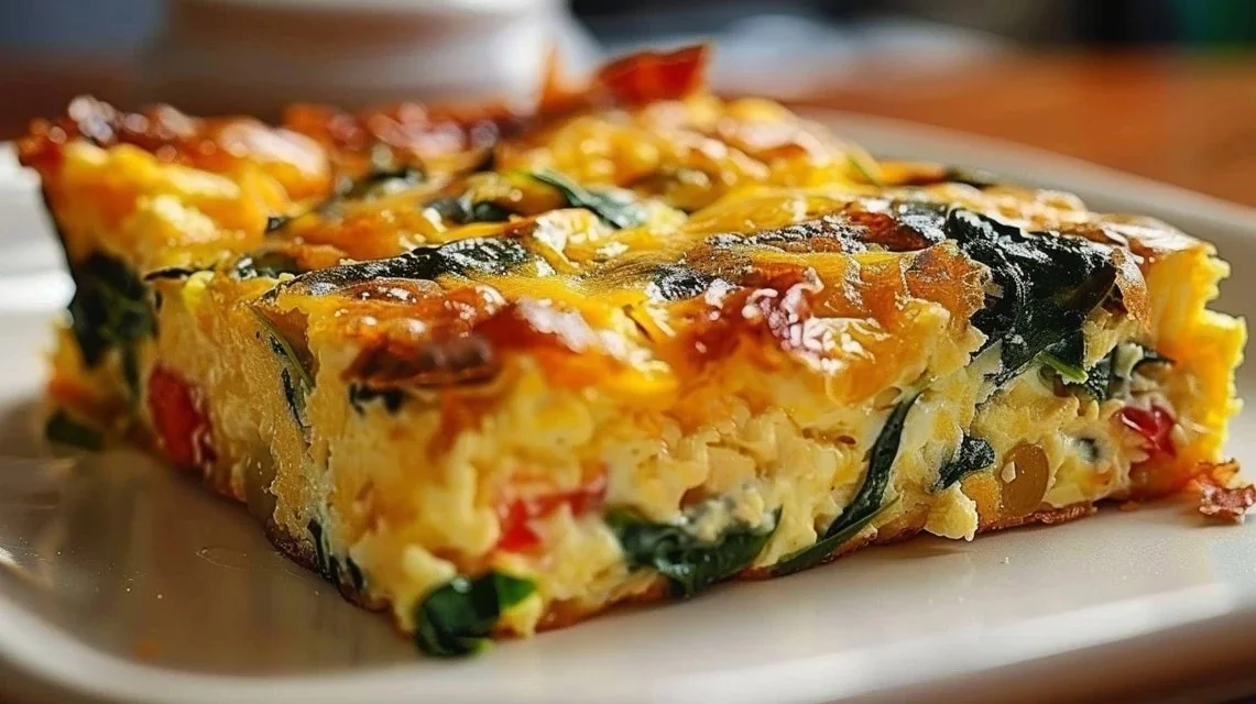 Delicious homemade breakfast casserole served in a dish with fresh ingredients