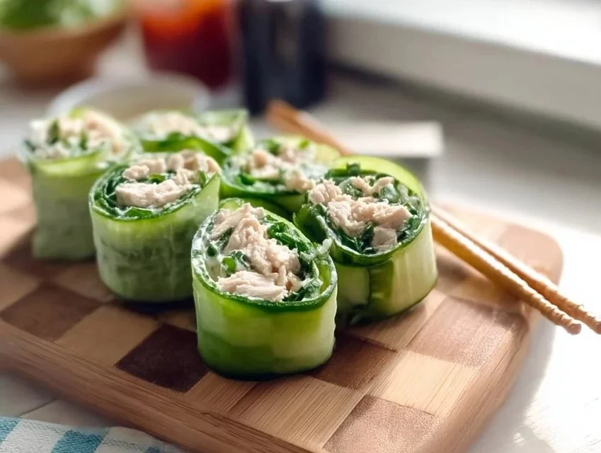 Buffalo Chicken Cucumber Rolls garnished with herbs and served on a plate
