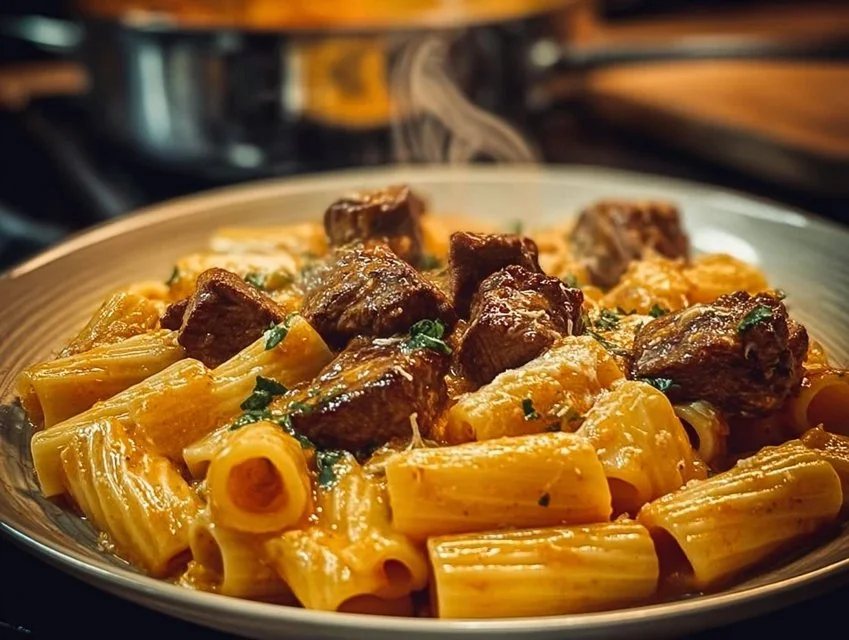 Cajun steak tips served with cheesy rigatoni on a plate