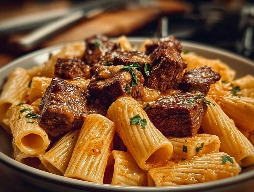 Cajun Steak Tips with Cheesy Rigatoni