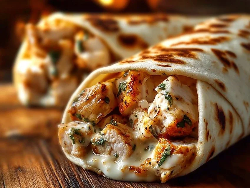 Cheesy garlic chicken wraps with fresh ingredients and melted cheese