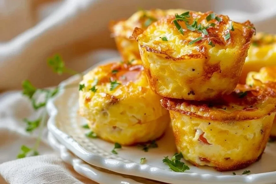 Cheesy muffin tin cottage cheese egg bites served on a white plate