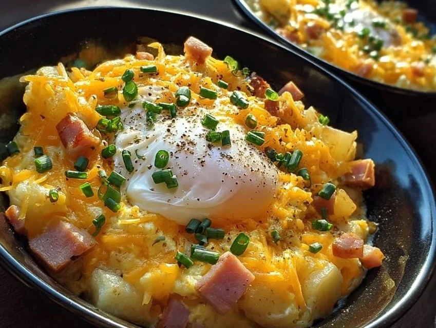 Delicious cheesy potato egg scramble served in a bowl