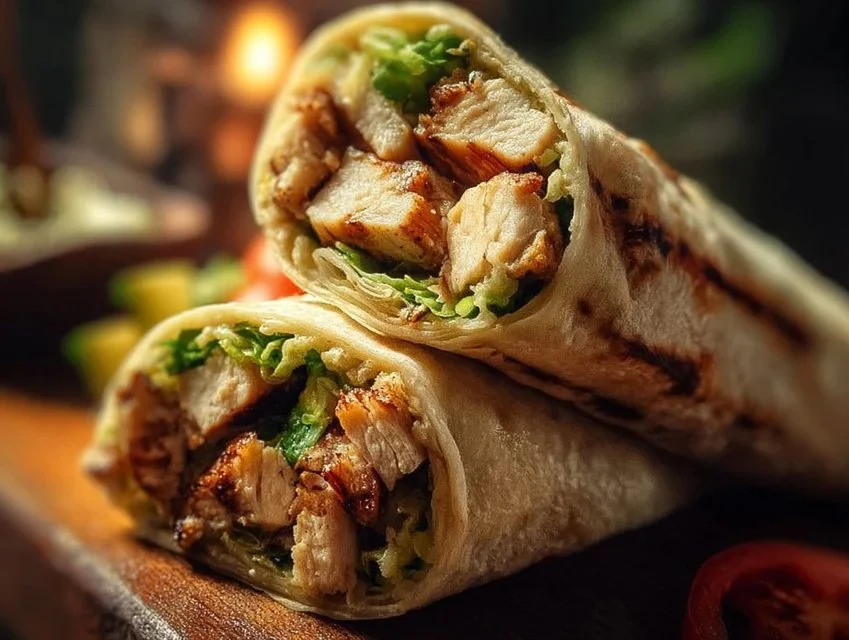 Delicious Chicken Avocado Wraps on a plate with fresh ingredients