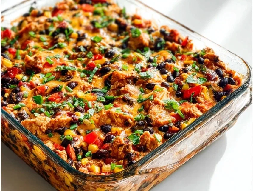 Chicken Burrito Casserole topped with cheese and fresh ingredients