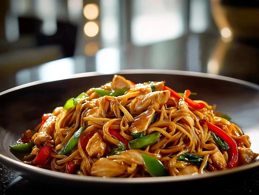 A delicious plate of Chicken Lo Mein with chicken, vegetables, and noodles.