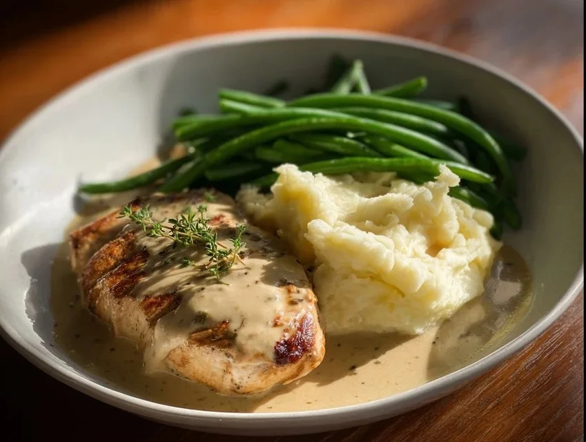 Delicious Chicken Schnitzels served with a rich creamy sauce