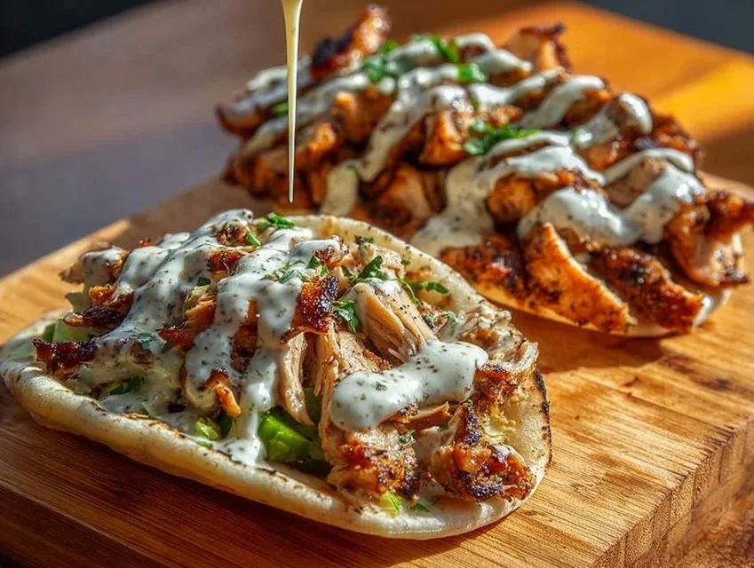 Delicious Chicken Shawarma drizzled with creamy garlic sauce