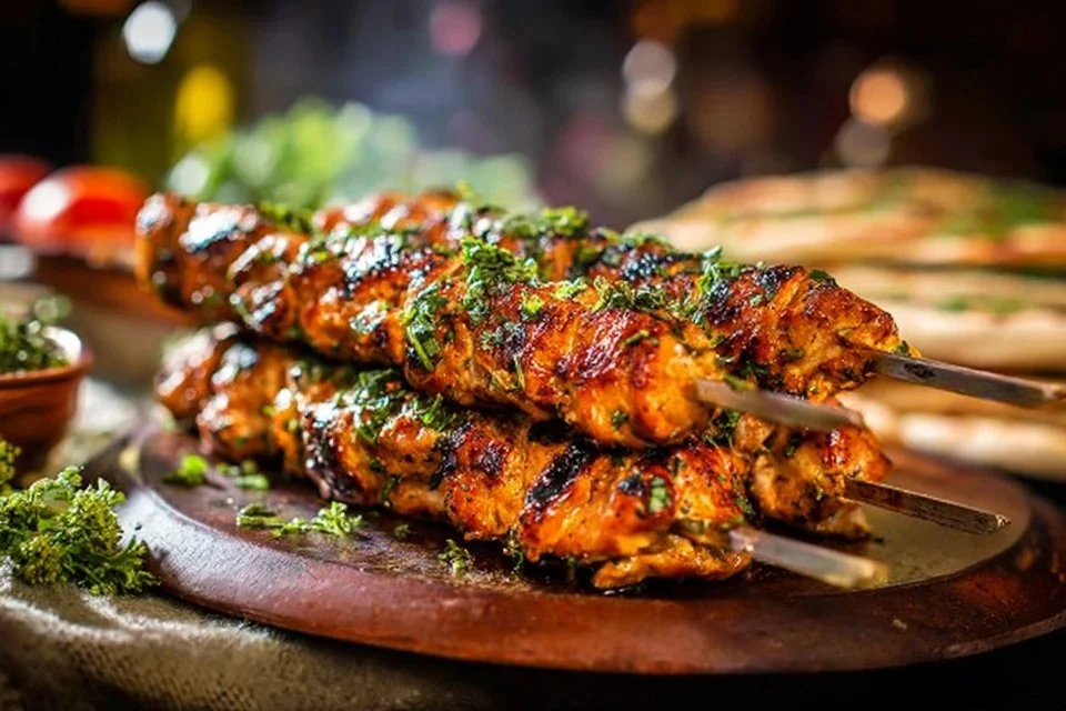 Delicious Chicken Tikka Kebab served with fresh herbs and spices