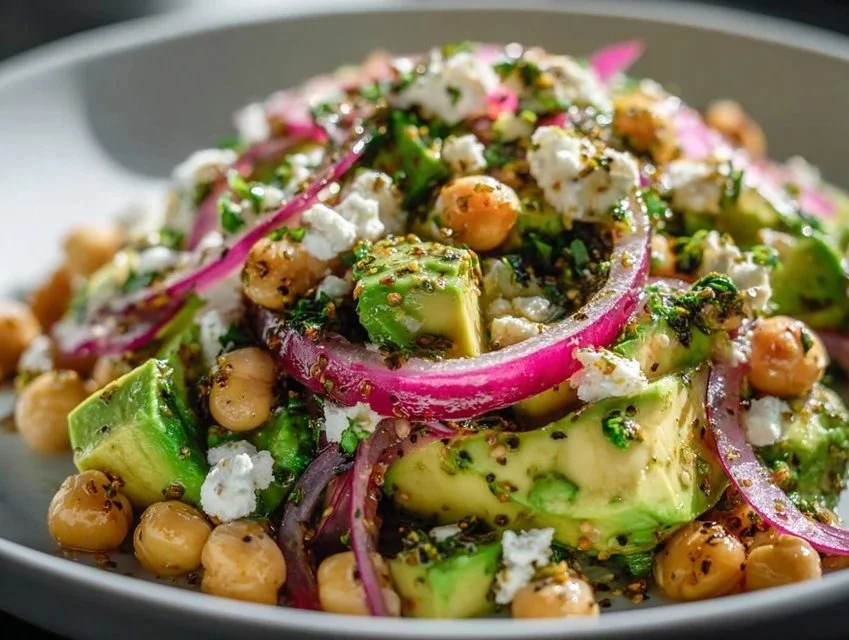 Chickpea Feta Avocado Salad topped with fresh ingredients