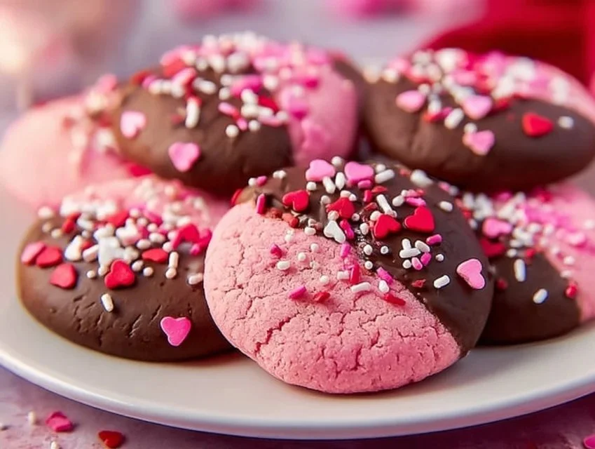 Chocolate covered strawberry cookies on a plate with fresh strawberries