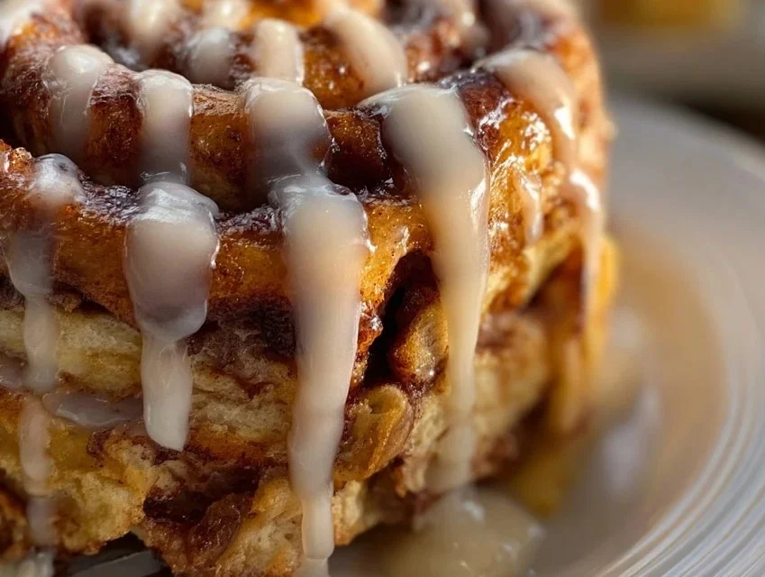 Delicious cinnamon roll pancakes stacked with cream cheese icing on top.