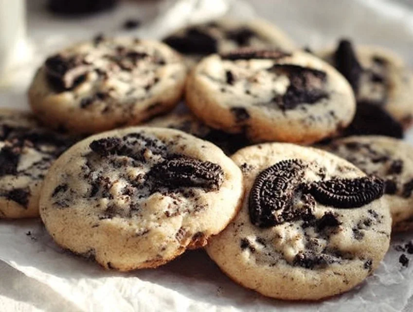 Delicious Cookies and Cream Cookies stacked on a plate