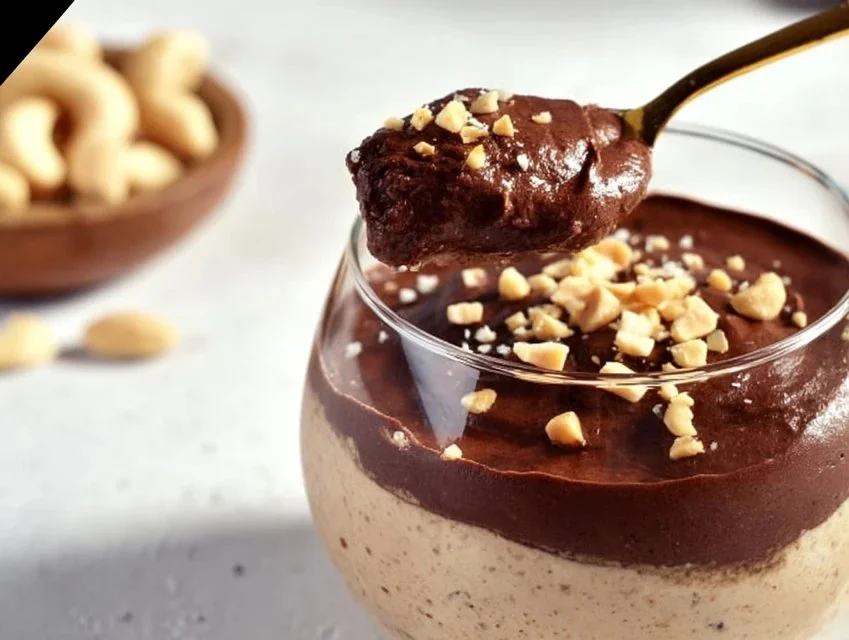 Delicious cottage cheese peanut butter mousse topped with chocolate shavings