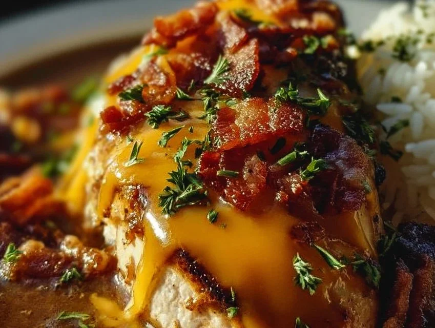 Delicious Cowboy BBQ Bacon Cheddar Chicken with BBQ sauce and melted cheese