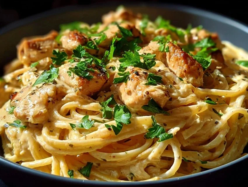 Cowboy Butter Chicken Linguine with rich sauce and pasta served in a bowl.