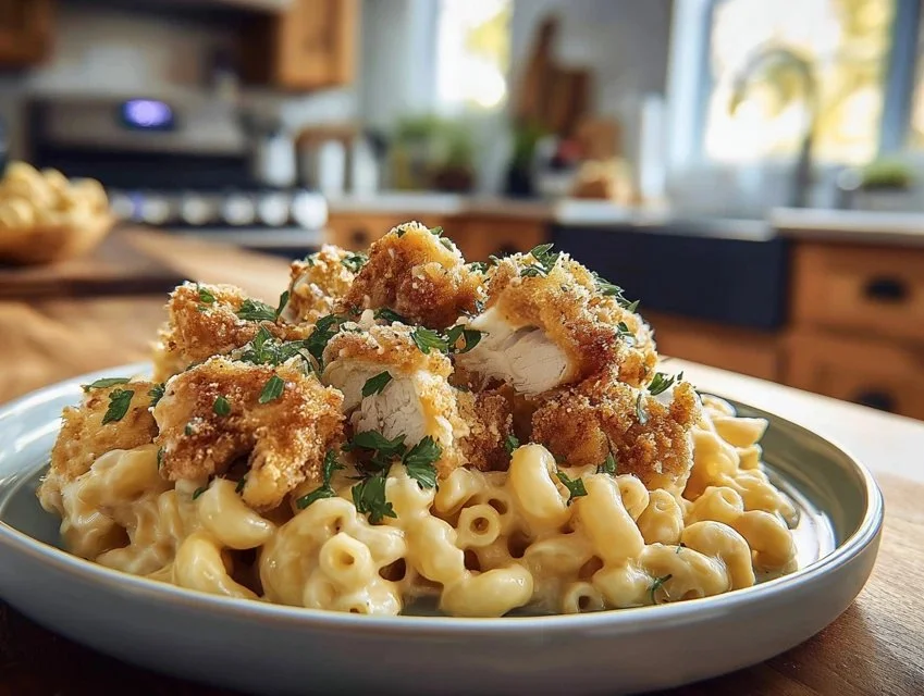 Creamy Chicken Mac and Cheese dish with cheese sauce and grilled chicken