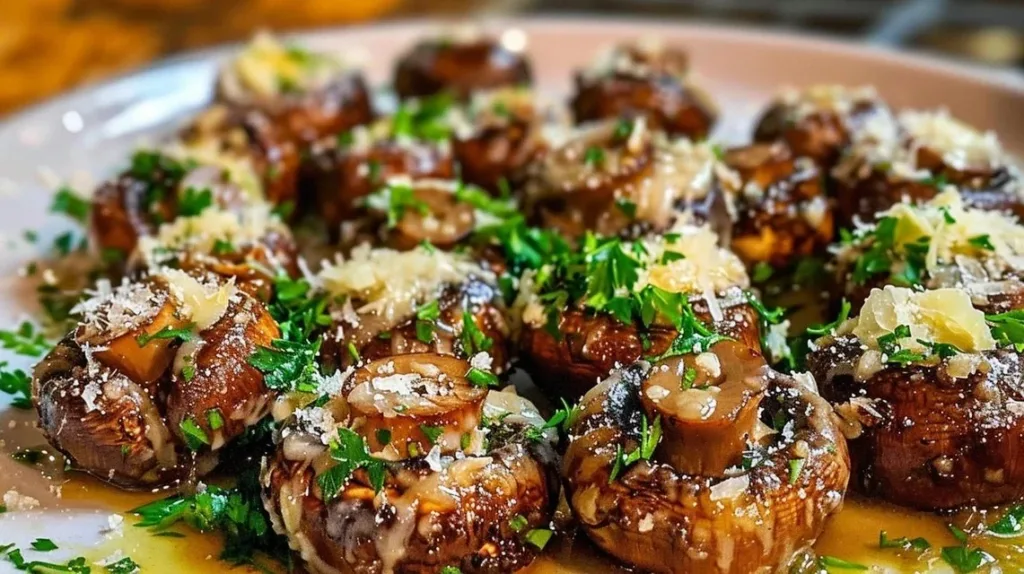 Bowl of creamy garlic parmesan mushrooms garnished with herbs