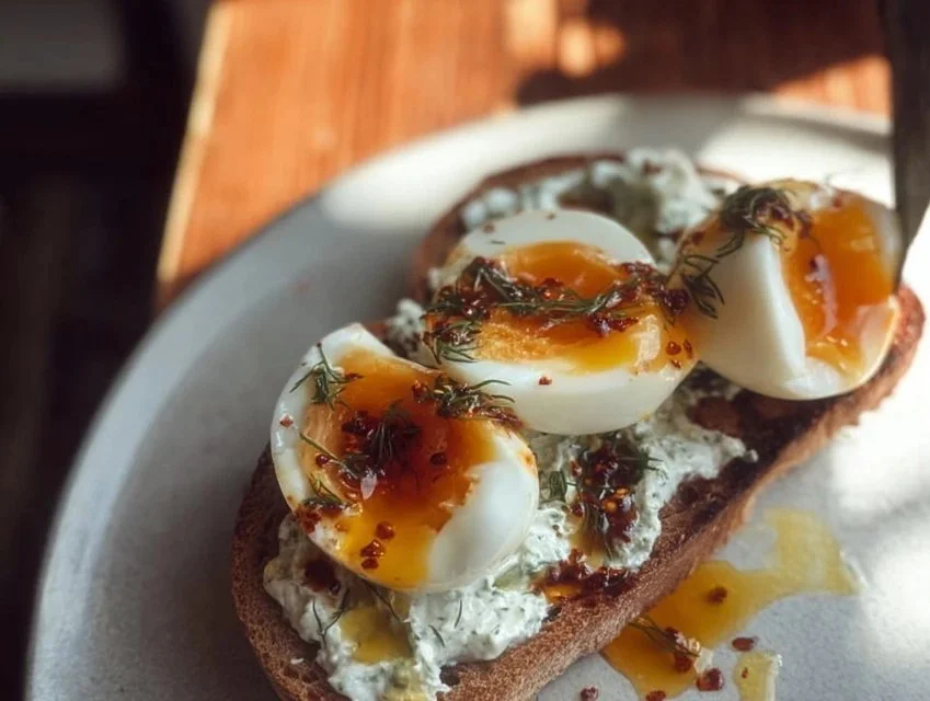 Creamy herbed yogurt served with soft-cooked eggs on a plate.