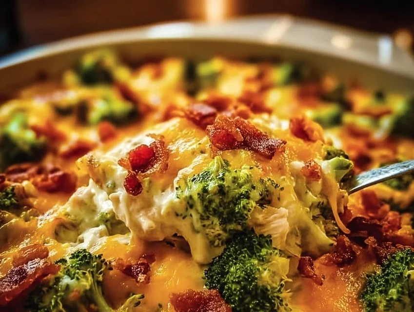 Creamy low carb chicken casserole dish ready to serve.