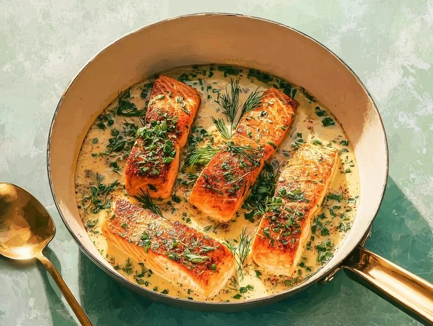 Creamy spring salmon dish with fresh herbs and creamy sauce