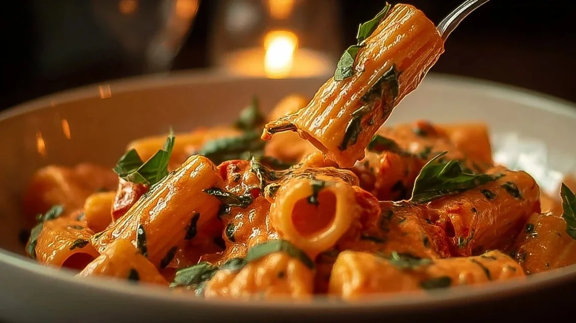 Creamy tomato garlic pasta bowl with fresh herbs and Parmesan cheese