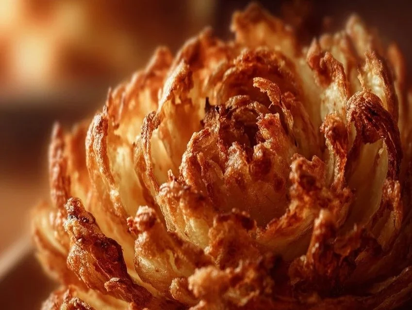 Crispy air fryer blooming onion with dipping sauce on a plate