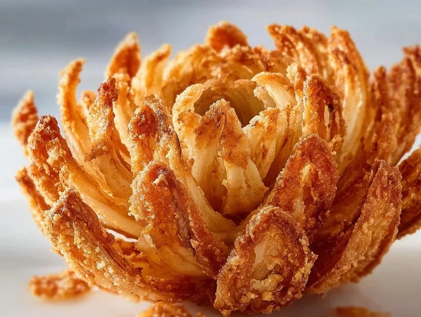 Crispy air fryer blooming onion served with dipping sauce