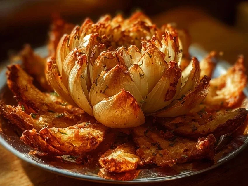 Crispy air fryer onion petals served with a spicy dipping sauce