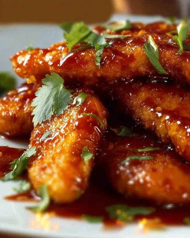 Crispy Baked Hot Honey Chicken garnished with herbs and served on a plate